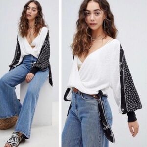 Free People Like New Auxton Thermal Long Sleeve Wrap Top Black & White Small